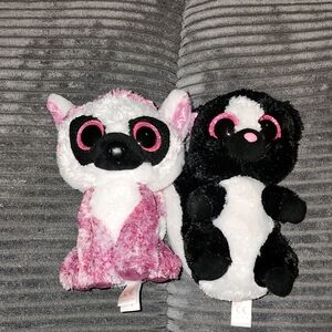 Ty Beanie Boo Flora Skunk Leeann Lemur 6” Plush Pink Glitter Eyes Lot of 2